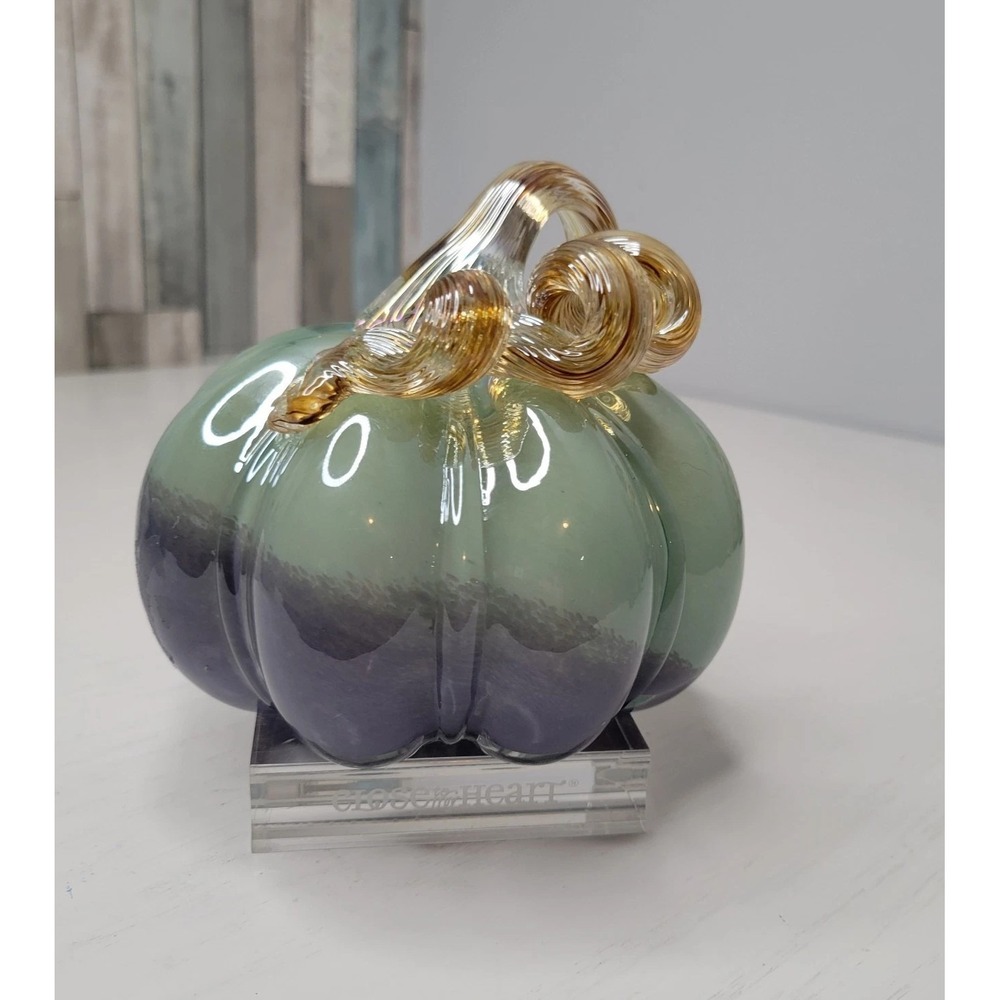 Glass Pumpkin, Hand Blown Art Sage & Purple Curled Glass Stem 4.5" tall X 4.5" W